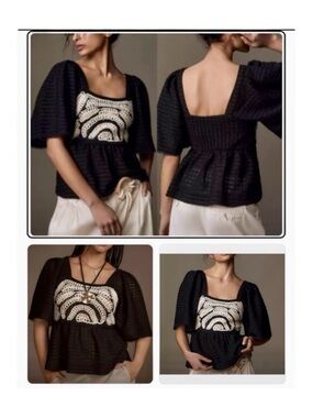 Anthropologie Sarah Hann Black Embroidered Peplum Blouse Boho NWT SP